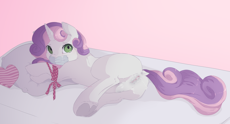 Size: 3036x1644 | Tagged: explicit, grimdark, alternate version, artist:lolicoom, derpibooru import, sweetie belle, pony, unicorn, afterrape, aftersex, anus, butt, creampie, crotchboobs, cum, dock, female, foalcon, human vagina on pony, image, implied rape, kidnapped, nipples, nudity, plot, png, sex, solo, solo female, tail, teary eyes, tied up, underage, vulva
