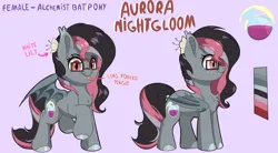 Size: 2758x1525 | Tagged: safe, artist:joaothejohn, derpibooru import, oc, oc:aurora nightgloom, bat pony, pony, bat pony oc, bat wings, commission, cute, flower, glasses, image, png, reference sheet, simple background, text, tongue out, wings