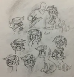 Size: 2341x2422 | Tagged: safe, artist:kabayo, derpibooru import, oc, oc:anon, oc:bandy cyoot, human, pony, duo, female, grayscale, holding a pony, image, jpeg, male, mare, monochrome, pencil drawing, scruff, sketch, sketch dump, traditional art, trash can