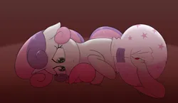 Size: 2212x1280 | Tagged: suggestive, artist:zalakir, derpibooru import, sweetie belle, pony, rabbit, unicorn, abstract background, animal, bed, crying, diaper, diaper fetish, female, fetish, filly, foal, image, laying on bed, lying down, on bed, plushie, png, poofy diaper, sad, solo, solo female