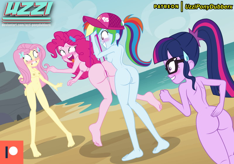 Size: 5000x3500 | Tagged: explicit, artist:uzzi-ponydubberx, fluttershy, pinkie pie, rainbow dash, sci-twi, twilight sparkle, equestria girls, ahegao, ass, balloonbutt, beach, blushing, breasts, butt, image, nude beach, nudity, open mouth, png, rainbutt dash, sci-twibutt, tongue out, twibutt, wedgie, wedgie fetish