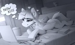 Size: 2340x1405 | Tagged: safe, artist:yakovlev-vad, derpibooru import, twilight sparkle, twilight sparkle (alicorn), alicorn, pony, bed, bedroom eyes, computer, female, heart, image, laptop computer, lying down, mare, monochrome, pillow, png, prone, shipper on deck, smiling, smirk, solo, thought bubble
