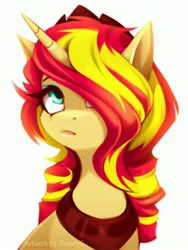 Size: 3072x4096 | Tagged: safe, artist:buvanybu, derpibooru import, sunset shimmer, pony, unicorn, bust, crown, eyeshadow, female, green eyes, hair over one eye, image, jewelry, jpeg, looking up, makeup, mare, peytral, regalia, simple background, solo, two toned mane, watermark, white background, yellow coat