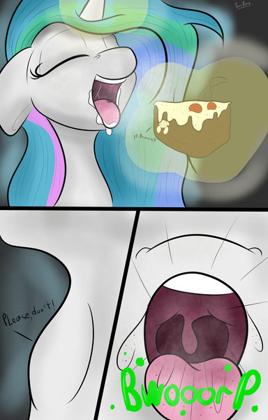 Size: 7016x10961 | Tagged: suggestive, artist:teropone, derpibooru import, princess celestia, oc, oc:anon, anon pony, burp, cake, comic, commission, eyes closed, female, floppy ears, food, giantess, glowing horn, horn, image, macro, magic, mawshot, open mouth, oral vore, png, princess vorestia, salivating, signature, soft vore, swallowing, telekinesis, throat bulge, tongue out, uvula, vore