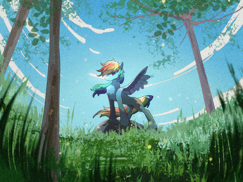 Size: 2160x1620 | Tagged: safe, artist:lendftcn, derpibooru import, rainbow dash, pegasus, pony, chest fluff, cloud, cutie mark, female, film grain, grass, image, looking at you, mare, png, pose, rock, sky, solo, spread wings, standing, tree, wings