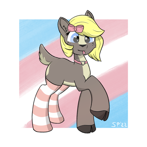 Size: 1464x1464 | Tagged: safe, artist:single purpose, derpibooru import, oc, oc:canvas, unofficial characters only, deer, :p, bow, choker, clothes, female, freckles, hair bow, image, png, pride, pride flag, socks, solo, striped socks, thigh highs, tongue out, transgender pride flag