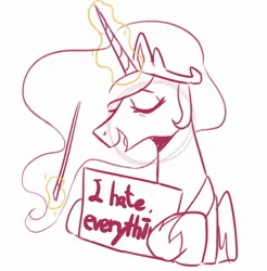 Size: 2016x2048 | Tagged: safe, artist:maren, derpibooru import, princess celestia, alicorn, pony, bust, depressed, doodle, eyes closed, glow, glowing horn, horn, image, jewelry, jpeg, levitation, magic, open mouth, open smile, regalia, sign, smiling, solo, telekinesis