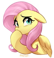Size: 1229x1318 | Tagged: safe, artist:maren, derpibooru import, fluttershy, pegasus, pony, aside glance, bust, female, floppy ears, hoof over mouth, image, jpeg, looking at you, mare, nervous, sideways glance, simple background, solo, sweat, sweatdrops, white background