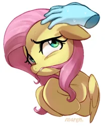 Size: 1408x1682 | Tagged: safe, artist:maren, derpibooru import, fluttershy, pegasus, pony, biting, bust, disembodied hand, female, floppy ears, hair bite, hand, hooves to the chest, image, jpeg, mare, nervous, petting, simple background, solo, sweat, sweatdrops, white background