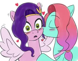 Size: 4137x3265 | Tagged: safe, artist:eagc7, derpibooru import, pipp petals, earth pony, pegasus, pony, blushing, duo, duo female, eyes closed, eyes open, female, females only, g5, heart, heart eyes, image, jazz (g5), kiss on the cheek, kissing, lesbian, mare, png, shipping, simple background, sketch, spread wings, wingboner, wingding eyes, wings