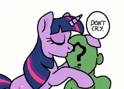 Size: 486x352 | Tagged: safe, artist:anonymous, ponerpics import, twilight sparkle, oc, oc:anon, human, pony, unicorn, comforting, dialogue, drawthread, eyes closed, female, image, kiss on the head, kissing, male, mare, png, requested art, sad, simple background, speech bubble, unicorn twilight, white background