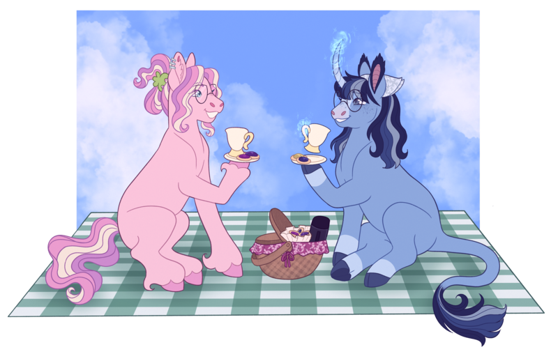 Size: 4861x3087 | Tagged: safe, artist:s0ftserve, derpibooru import, oc, oc:milkweed, oc:rainy morning, earth pony, pony, unicorn, basket, colored hooves, cup, curved horn, female, glasses, hairband, horn, image, leonine tail, levitation, looking at each other, magic, mare, picnic, picnic blanket, png, ponysona, ponytail, sitting, sky background, smiling at each other, tea party, teacup, telekinesis, unshorn fetlocks