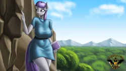 Size: 7680x4320 | Tagged: safe, artist:tsaritsaluna, derpibooru import, boulder (pet), maud pie, anthro, earth pony, pony, big breasts, book, breasts, busty maud pie, cliff, clothes, dress, female, forest, image, mare, mountain, png, solo, tree