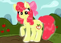 Size: 3338x2366 | Tagged: safe, artist:poniloni, derpibooru import, apple bloom, earth pony, pony, adorabloom, alternate cutie mark, blushing, cute, female, filly, foal, image, png, raised hoof, solo