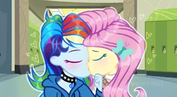 Size: 1303x712 | Tagged: safe, artist:twilightbaby2020, derpibooru import, fluttershy, rainbow dash, equestria girls, blushing, canterlot high, collar, eyes closed, female, flutterdash, hand on chin, heart, image, kissing, lesbian, lockers, png, shipping