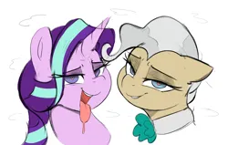 Size: 4100x2600 | Tagged: suggestive, artist:welost, derpibooru import, mayor mare, starlight glimmer, earth pony, pony, unicorn, drool, heart, image, lip bite, looking at you, png, simple background, story in the source, story included, tongue out, white background