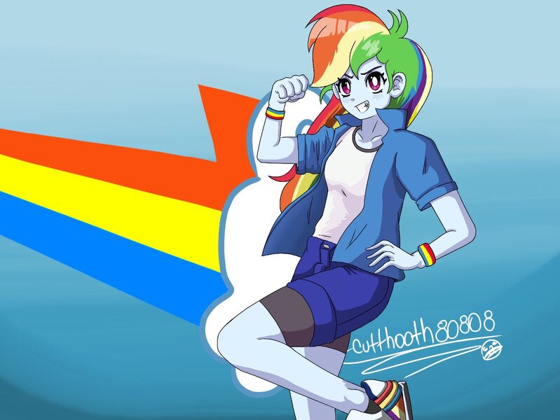 Size: 1181x887 | Tagged: safe, artist:cuttooth80808, derpibooru import, rainbow dash, human, equestria girls, clothes, cloud, image, jpeg, raised leg, shoes, smiling, sneakers, solo, wristband