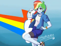 Size: 1181x887 | Tagged: safe, artist:cuttooth80808, derpibooru import, rainbow dash, human, equestria girls, clothes, cloud, image, jpeg, raised leg, shoes, smiling, sneakers, solo, wristband
