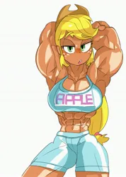 Size: 2123x2982 | Tagged: suggestive, artist:baigak, derpibooru import, applejack, human, equestria girls, abs, applejacked, arm behind head, armpits, belly button, biceps, big breasts, breasts, buff breasts, busty applejack, female, high res, image, jpeg, lidded eyes, looking at you, midriff, muscles, muscular female, simple background, solo, solo female, white background