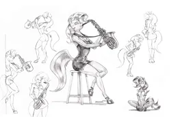 Size: 1600x1099 | Tagged: safe, artist:baron engel, derpibooru import, starlight glimmer, trixie, anthro, pony, unguligrade anthro, unicorn, black dress, clothes, dress, female, image, jpeg, little black dress, mare, monochrome, musical instrument, pencil drawing, saxophone, stupid sexy trixie, traditional art