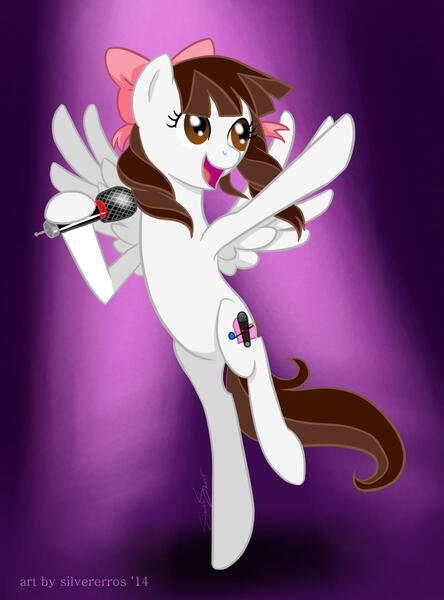 Size: 1024x1383 | Tagged: safe, artist:silvererros, derpibooru import, oc, oc:jennabun, unofficial characters only, pegasus, pony, 2014, image, jpeg, microphone, old art, pegasus oc, solo, wings