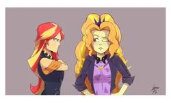 Size: 3300x1998 | Tagged: safe, artist:loganpg, derpibooru import, adagio dazzle, sunset shimmer, equestria girls, aside glance, crossed arms, duo, duo female, female, frown, hand on hip, image, jpeg, looking at each other, looking at someone, looking at you, one eye open, sideways glance, signature, simple background, sunset shimmer is not amused, unamused