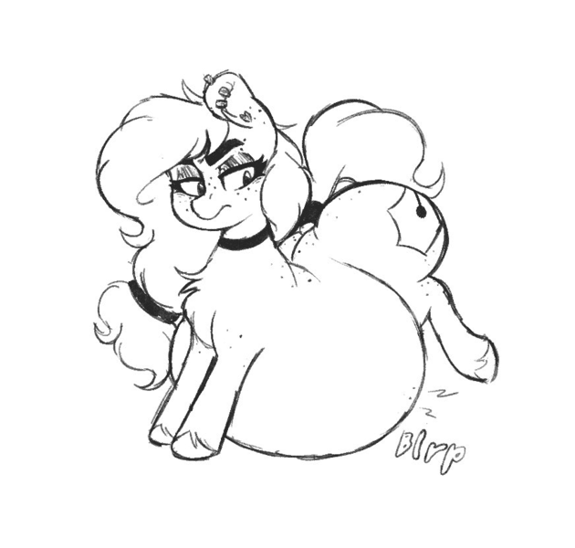 Size: 872x830 | Tagged: questionable, artist:somefrigginnerd, derpibooru import, oc, oc:pencil test, unofficial characters only, earth pony, pony, annoyed, belly, belly bed, belly on floor, big belly, butt, ear piercing, earring, earth pony oc, eyeshadow, fat, female, huge belly, image, impossibly large belly, jewelry, large butt, lineart, makeup, monochrome, piercing, plot, png, simple background, solo, stomach noise, thick eyebrows, unshorn fetlocks