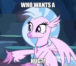 Size: 600x524 | Tagged: safe, derpibooru import, edit, edited screencap, screencap, silverstream, classical hippogriff, hippogriff, uprooted, bronybait, caption, cropped, cute, diastreamies, hug request, image, image macro, jewelry, jpeg, meme, memeful.com, necklace, solo, spread arms, text