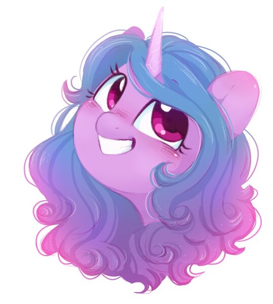 Size: 877x976 | Tagged: safe, artist:melodylibris, derpibooru import, izzy moonbow, pony, unicorn, big grin, blushing, bust, cute, female, g5, grin, image, izzybetes, jpeg, looking up, mare, simple background, smiling, solo, white background
