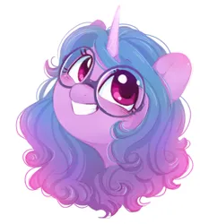 Size: 886x995 | Tagged: safe, alternate version, artist:melodylibris, derpibooru import, izzy moonbow, pony, unicorn, big grin, blushing, bust, cute, female, g5, glasses, grin, image, izzybetes, jpeg, looking up, mare, simple background, smiling, solo, white background