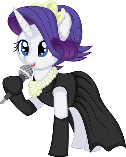 Size: 6011x7485 | Tagged: safe, artist:cyanlightning, derpibooru import, rarity, pony, unicorn, the gift of the maud pie, .svg available, absurd resolution, alternate hairstyle, audrey hepburn, black dress, breakfast at tiffany's, clothes, dress, evening gloves, female, gloves, holding, holly golightly, image, jewelry, jewels, little black dress, long gloves, mare, microphone, necklace, open mouth, pearl necklace, png, simple background, solo, tiara, transparent background, vector