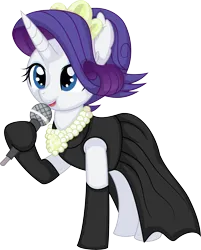 Size: 6011x7485 | Tagged: safe, artist:cyanlightning, derpibooru import, rarity, pony, unicorn, the gift of the maud pie, .svg available, absurd resolution, alternate hairstyle, audrey hepburn, black dress, breakfast at tiffany's, clothes, dress, evening gloves, female, gloves, holding, holly golightly, image, jewelry, jewels, little black dress, long gloves, mare, microphone, necklace, open mouth, pearl necklace, png, simple background, solo, tiara, transparent background, vector