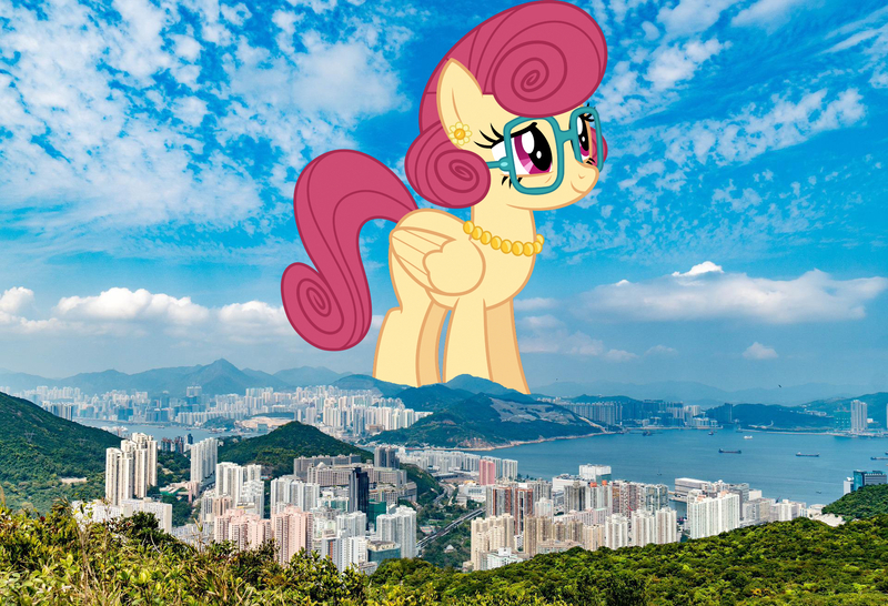 Size: 1920x1311 | Tagged: safe, artist:baumkuchenpony, artist:jaredking779, derpibooru import, posey shy, pegasus, pony, female, folded wings, giant pegasus, giant pony, giantess, glasses, highrise ponies, hong kong, image, irl, jewelry, jpeg, macro, mare, mega giant, necklace, pearl necklace, photo, ponies in real life, smiling, solo, wings