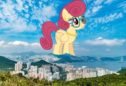 Size: 1920x1311 | Tagged: safe, artist:baumkuchenpony, artist:jaredking779, derpibooru import, posey shy, pegasus, pony, female, folded wings, giant pegasus, giant pony, giantess, glasses, highrise ponies, hong kong, image, irl, jewelry, jpeg, macro, mare, mega giant, necklace, pearl necklace, photo, ponies in real life, smiling, solo, wings