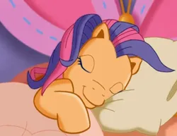 Size: 1400x1080 | Tagged: safe, derpibooru import, screencap, scootaloo (g3), pony, eyes closed, image, png, sleeping, smiling, solo