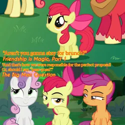 Size: 1920x1920 | Tagged: safe, derpibooru import, edit, edited screencap, editor:itsmgh1203, screencap, apple bloom, big macintosh, scootaloo, sweetie belle, earth pony, pegasus, pony, unicorn, friendship is magic, season 1, season 9, the big mac question, spoiler:s09, adorabloom, apple bloom's bow, bow, cute, cutie mark crusaders, female, filly, foal, hair bow, image, jpeg, male, mare, offscreen character, open mouth, open smile, smiling, stallion, text, wide eyes