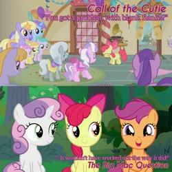 Size: 1920x1920 | Tagged: safe, derpibooru import, edit, edited screencap, editor:itsmgh1203, screencap, amethyst star, apple bloom, diamond tiara, scootaloo, silver spoon, sweetie belle, earth pony, pegasus, pony, unicorn, call of the cutie, season 1, season 9, the big mac question, spoiler:s09, apple bloom's bow, bow, cute, cutealoo, cutie mark crusaders, eyes closed, female, filly, foal, hair bow, image, jpeg, mare, open mouth, open smile, smiling, sugarcube corner, text