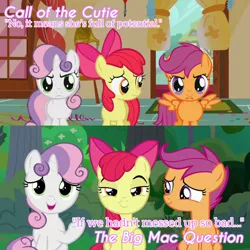Size: 1920x1920 | Tagged: safe, derpibooru import, edit, edited screencap, editor:itsmgh1203, screencap, apple bloom, scootaloo, sweetie belle, earth pony, pegasus, pony, unicorn, call of the cutie, season 1, season 9, the big mac question, spoiler:s09, apple bloom's bow, bow, cutie mark crusaders, female, filly, foal, hair bow, image, jpeg, open mouth, open smile, smiling, spread wings, sugarcube corner, text, trio, trio female, wings
