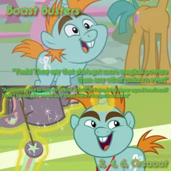 Size: 1920x1920 | Tagged: safe, derpibooru import, edit, edited screencap, editor:itsmgh1203, screencap, snails, snips, pony, unicorn, 2 4 6 greaaat, boast busters, season 1, season 9, spoiler:s09, colt, foal, image, jpeg, magic, male, offscreen character, open mouth, open smile, smiling, solo focus, telekinesis, text