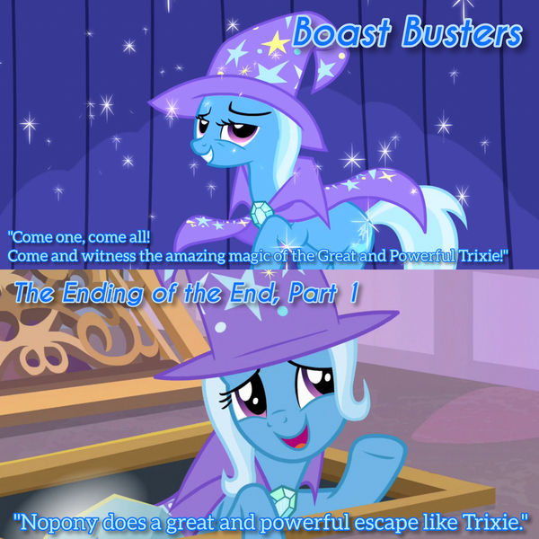 Size: 1920x1920 | Tagged: safe, derpibooru import, edit, edited screencap, editor:itsmgh1203, screencap, trixie, pony, unicorn, boast busters, season 1, season 9, the ending of the end, spoiler:s09, cape, clothes, female, grin, hat, image, jpeg, mare, open mouth, open smile, school of friendship, smiling, solo, text, trixie's cape, trixie's hat