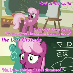Size: 1920x1920 | Tagged: safe, derpibooru import, edit, edited screencap, editor:itsmgh1203, screencap, cheerilee, earth pony, pony, call of the cutie, season 1, season 9, the last crusade, spoiler:s09, apple, book, chalkboard, female, food, image, jpeg, mare, open mouth, open smile, smiling, solo, text