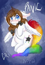 Size: 1423x2048 | Tagged: safe, artist:mscolorsplash, derpibooru import, oc, oc:color splash, unofficial characters only, pegasus, pony, anxiety, blushing, female, floppy ears, image, jpeg, mare, rainbow tail, solo, tail, wavy mouth