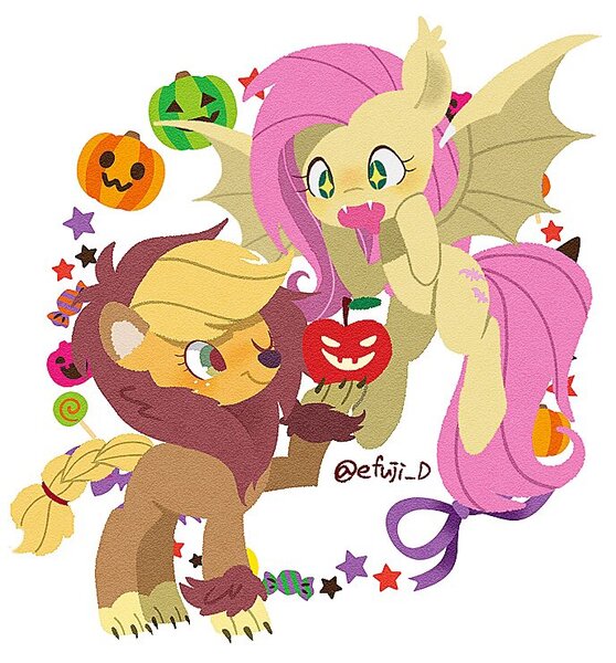 Size: 688x740 | Tagged: safe, artist:efuji_d, derpibooru import, applejack, fluttershy, bat pony, earth pony, pony, animal costume, apple, applelion, bat ponified, bat wings, candy, clothes, costume, duo, duo female, fangs, female, flutterbat, flying, food, freckles, hatless, image, jpeg, looking at something, mare, missing accessory, one eye closed, open mouth, pumpkin, race swap, raised hoof, simple background, spread wings, stars, white background, wings