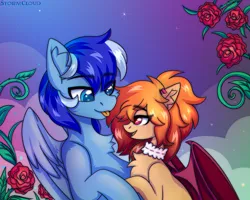 Size: 2500x2000 | Tagged: safe, artist:leah minik, derpibooru import, oc, oc:cinnamon dust, oc:ocean breeze, unofficial characters only, bat pony, pegasus, pony, bat pony oc, bat wings, bust, chest fluff, commission, cute, eye clipping through hair, eyebrows, eyebrows visible through hair, female, flower, gradient mane, holding hooves, image, looking at each other, looking at someone, male, mare, oc x oc, open mouth, open smile, partially open wings, pegasus oc, png, romance, romantic, rose, shipping, sky background, smiling, smiling at each other, stallion, tongue out, wings, ych result