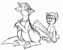 Size: 4096x3244 | Tagged: safe, artist:feather_bloom, derpibooru import, hitch trailblazer, sparky sparkeroni, dragon, earth pony, pony, facial hair, father and child, father and son, future, g5, image, jpeg, male, older, sketch, unshorn fetlocks