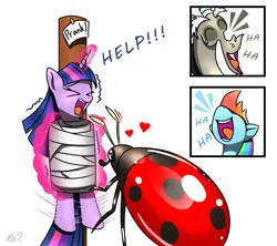 Size: 1757x1560 | Tagged: safe, artist:questionmarkdragon, derpibooru import, discord, rainbow dash, twilight sparkle, twilight sparkle (alicorn), alicorn, insect, ladybug, pegasus, pony, coccinellidaephobia, eyes closed, female, giant insect, help, image, laughing, male, mare, nose in the air, open mouth, open smile, png, prank, simple background, smiling, stake, tied up, trio, white background
