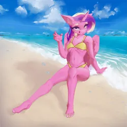 Size: 2063x2057 | Tagged: safe, artist:hitbass, derpibooru import, princess cadance, alicorn, anthro, plantigrade anthro, barefoot, beach, bikini, breasts, clothes, cloud, feet, female, high res, image, looking at you, ocean, png, reasonably sized breasts, sand, solo, swimsuit, tongue out, tropical, underboob, water, waving, waving at you