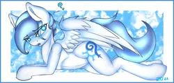 Size: 1974x945 | Tagged: safe, artist:ze-dusty, derpibooru import, oc, oc:gale frostheart, unofficial characters only, pegasus, blushing, cute, cutie mark, female, glow, glowing eyes, image, pegasus oc, png, question mark, solo, wings