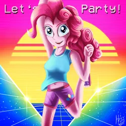 Size: 1500x1500 | Tagged: safe, artist:jphyperx, derpibooru import, pinkie pie, human, equestria girls, belly button, clothes, female, image, jumping, looking at you, midriff, party, png, retrowave, running, shorts, solo, sunset, synthwave, tanktop