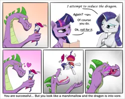 Size: 2500x1987 | Tagged: safe, artist:chopsticks, derpibooru import, rarity, spike, twilight sparkle, twilight sparkle (alicorn), alicorn, dragon, pony, unicorn, bedroom eyes, blushing, cheek fluff, chest fluff, clothes, comic, dialogue, dress, dungeon master, eyes closed, female, forked tongue, hat, heart, hoof under chin, image, male, mare, open mouth, png, rarity is a marshmallow, roleplaying, seductive, simple background, spikezilla, text, unshorn fetlocks, vore